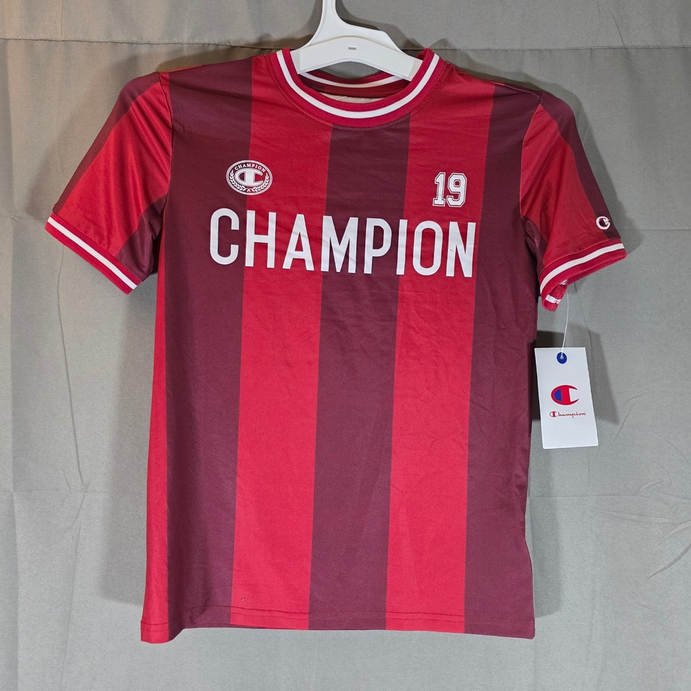 Champion Kids Soccer Tee Tango Red Striped Jersey Shirt C926SK0932-TRD-S Size S‎